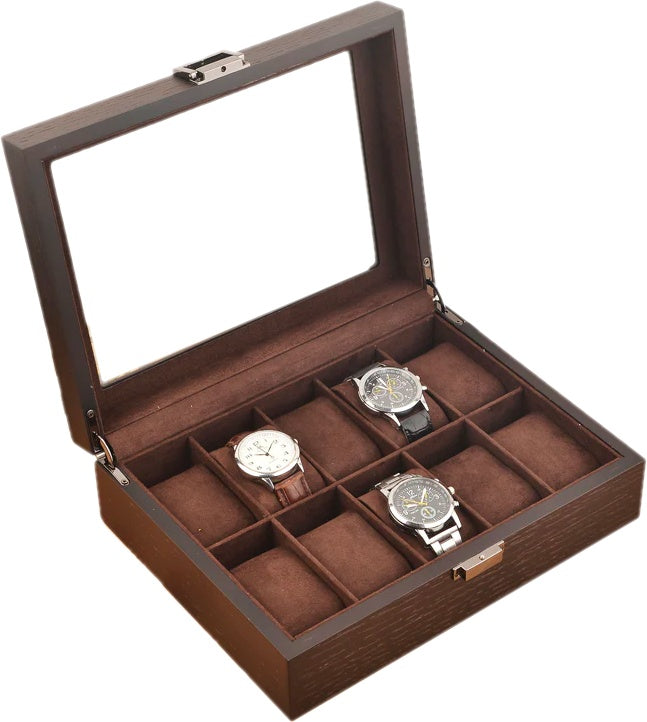 10 Slots Dark Brown Wooden Watch Box