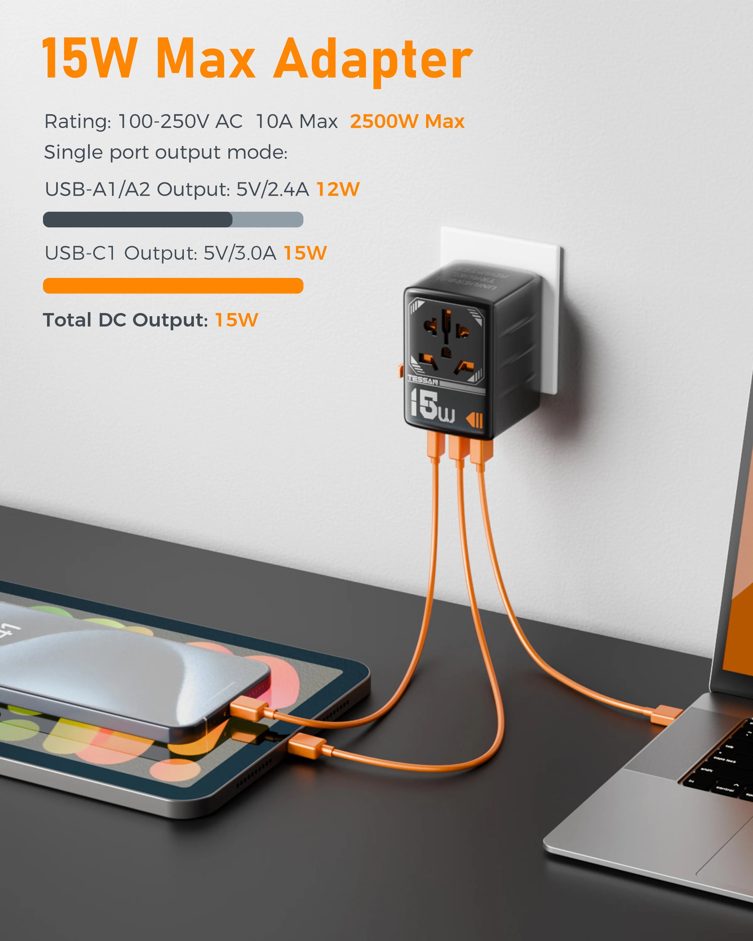 TESSAN International 15W Plug Adaptor with 1 USB C and 2 USB Charging Ports / WTA01