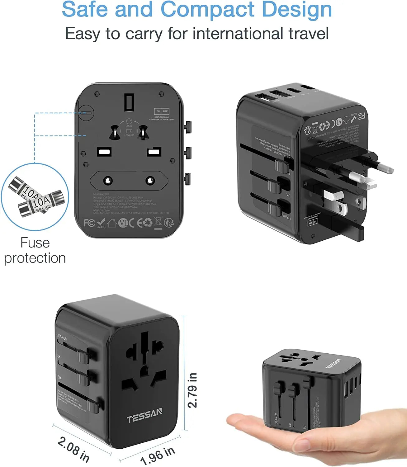 TESSAN Universal Travel Plug 28W, international Power Adapter with 2 USB , 3 USB C Port / 633FV