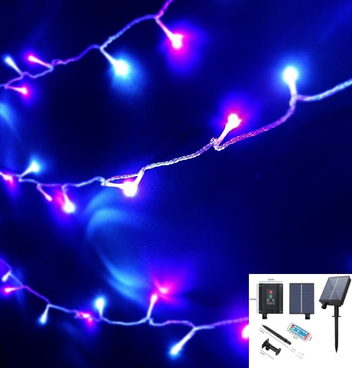 [ STARZ ] Outdoor Solar Powered 10 Meter 100 Led String Light, White + Purple. Sunlight + USB charge + Remote Control