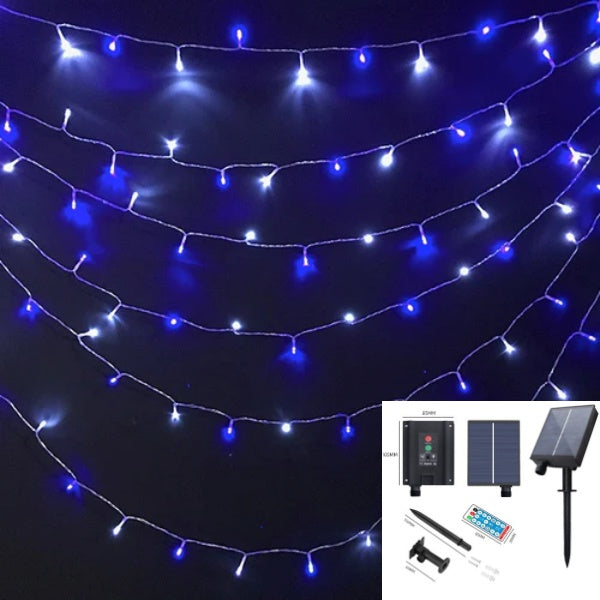 [ STARZ ] Outdoor Solar Powered 10 Meter 100 Led String Light, White + Blue. Sunlight + USB charge + Remote Control