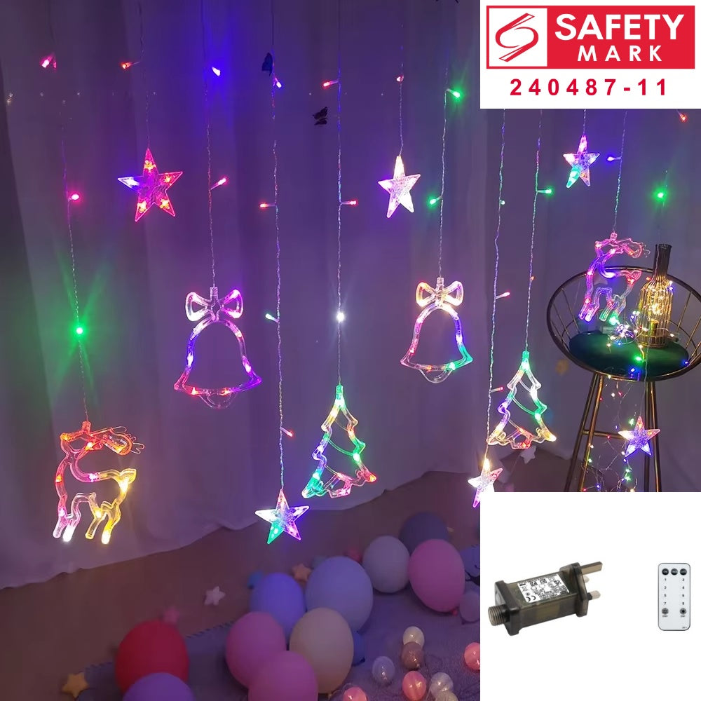 SG Safety Mark - 31V 3 Meter Width Christmas Fairy icicle led Curtain Lights, Multi. Indoor Outdoor Decoration Festive Light