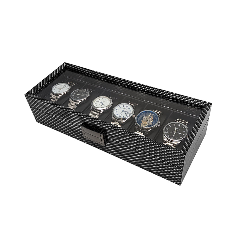 6 Slots Carbon Print Wood Inner Black Watch Box