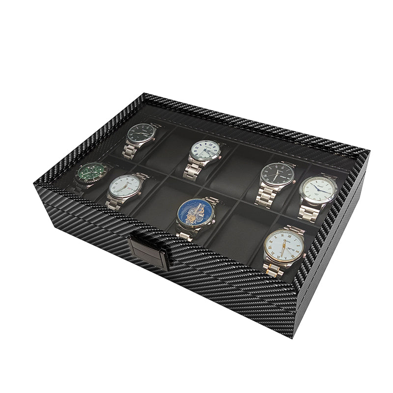 12 Slots Carbon Print Wood Inner Black Watch Storage Box