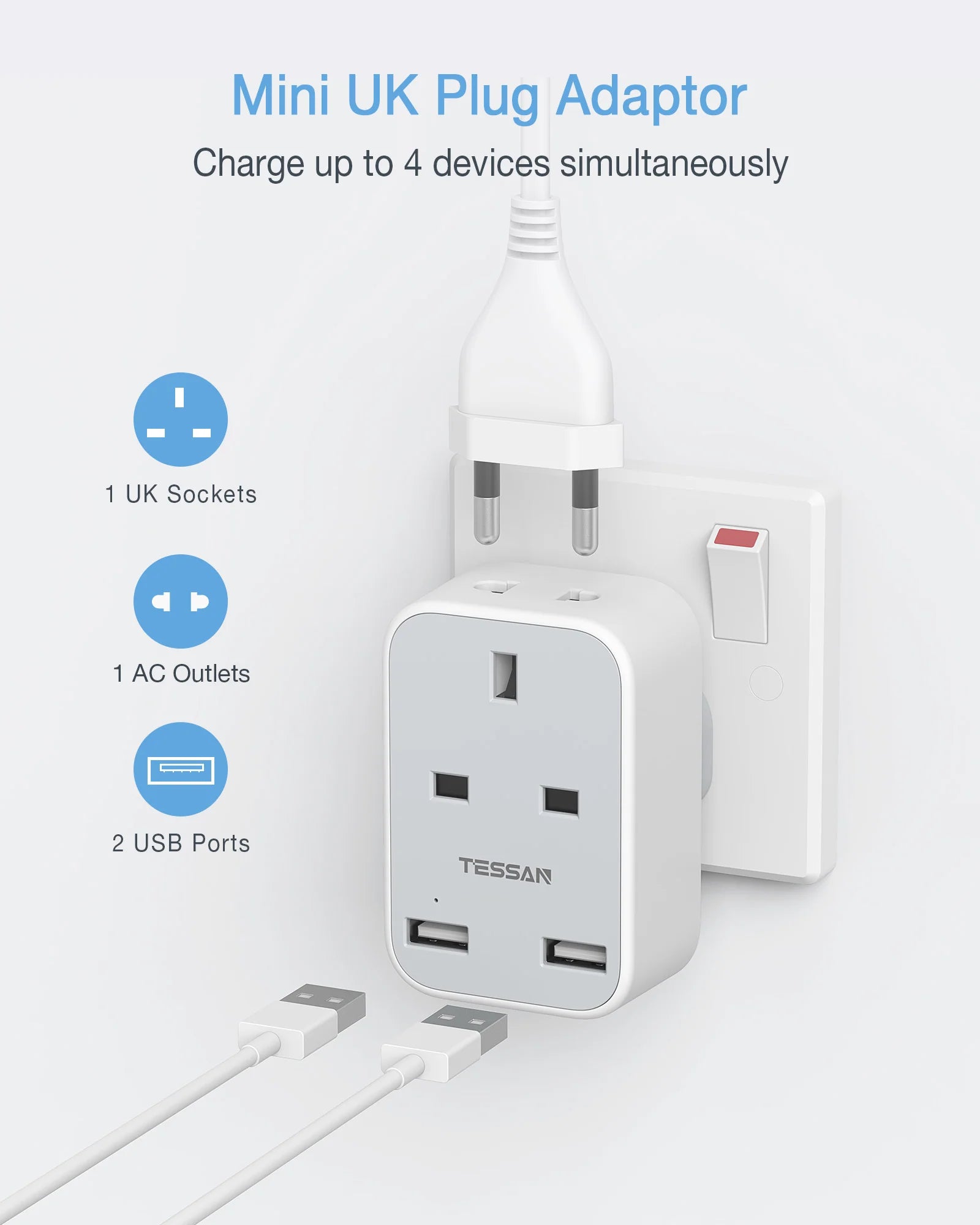 TESSAN 4 in 1 2 Gangs Outlet Wall Socket Multi Plug EU UK Plug + 2 USB A / TS263