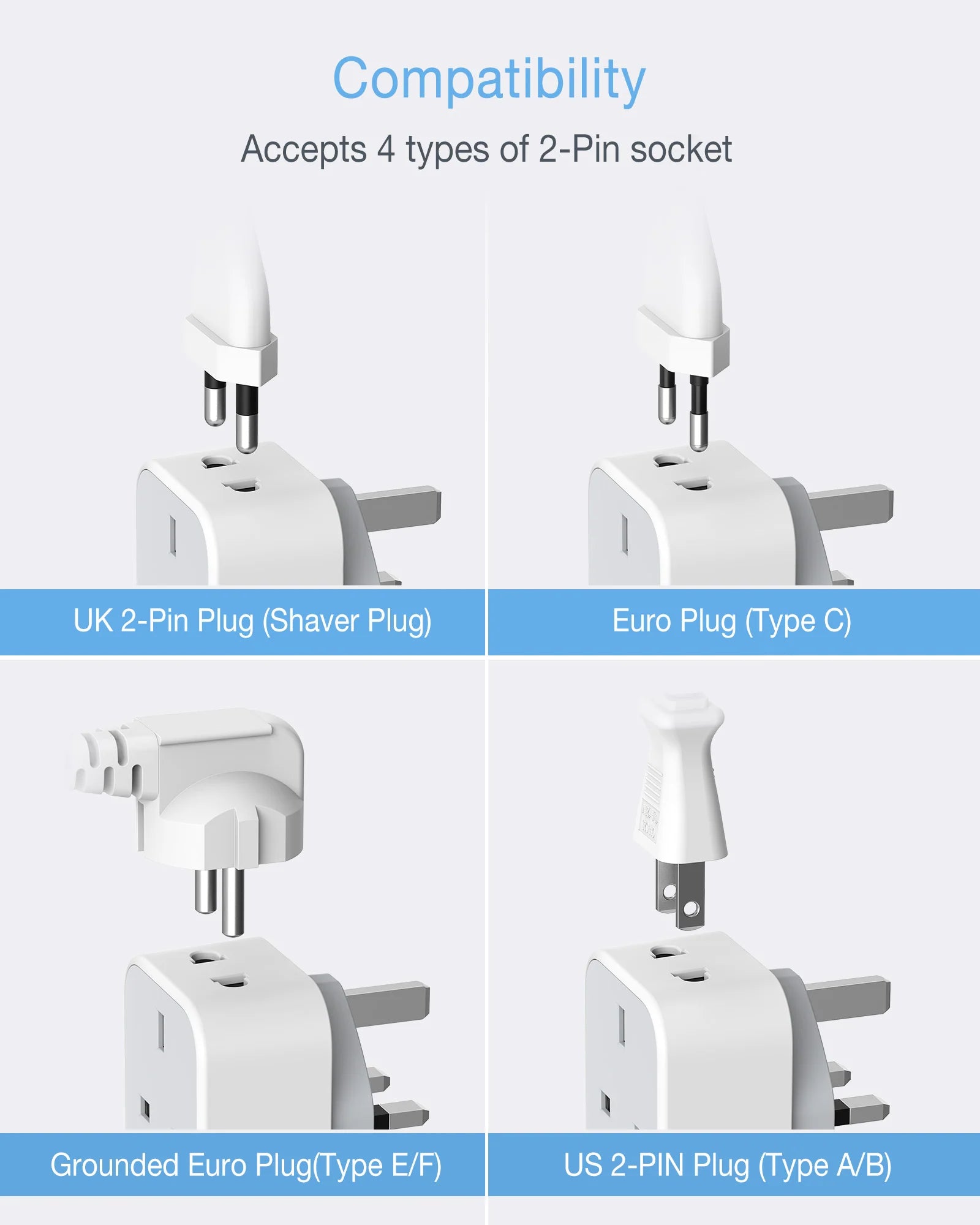 TESSAN 4 in 1 2 Gangs Outlet Wall Socket Multi Plug EU UK Plug + 2 USB A / TS263