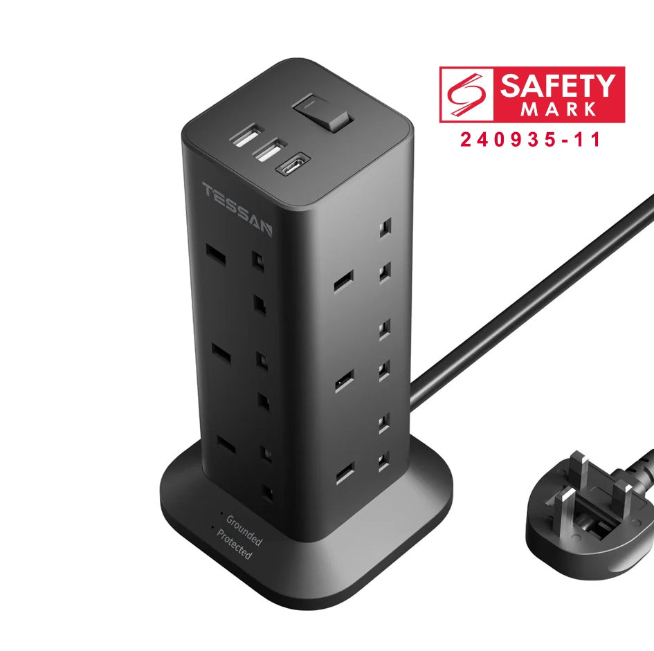 SG Safety Mark - TESSAN Tower Plug Extension with 12 Sockets & 3 USB Port Black / TPS04UKC