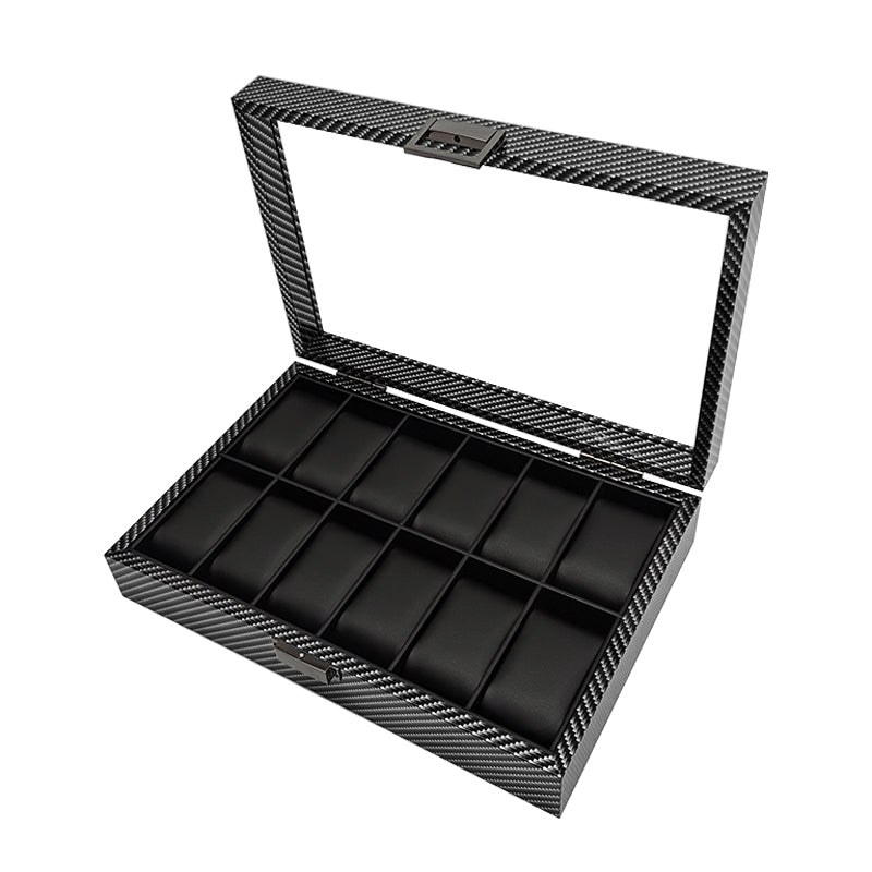 12 Slots Carbon Print Wood Inner Black Watch Storage Box