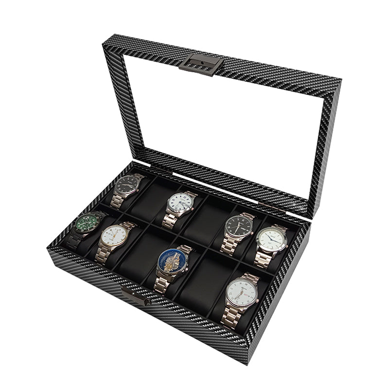 12 Slots Carbon Print Wood Inner Black Watch Storage Box