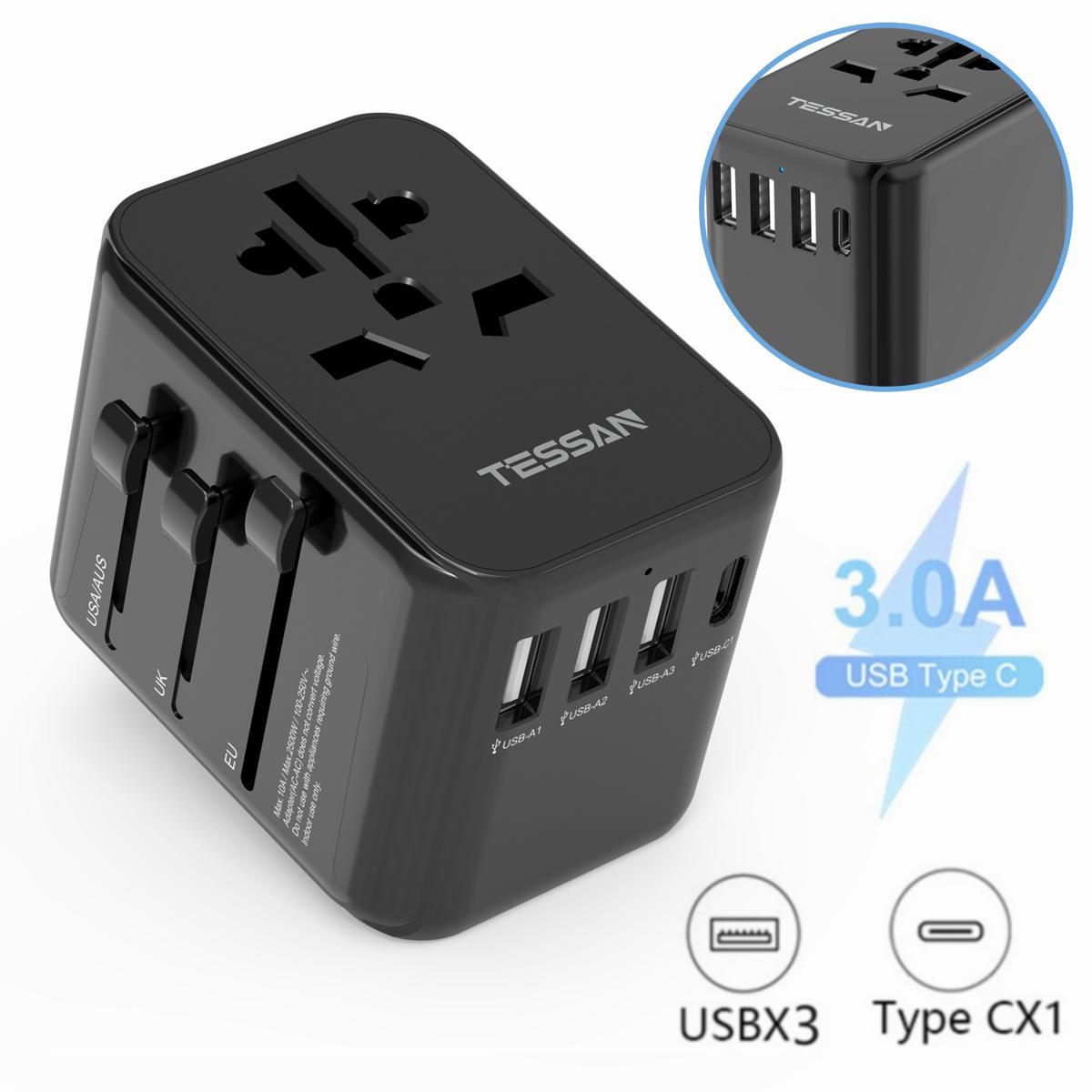 TESSAN Universal Travel Plug 17W, international Power Adapter with 3 USB Port , 1 Type C / 633FC