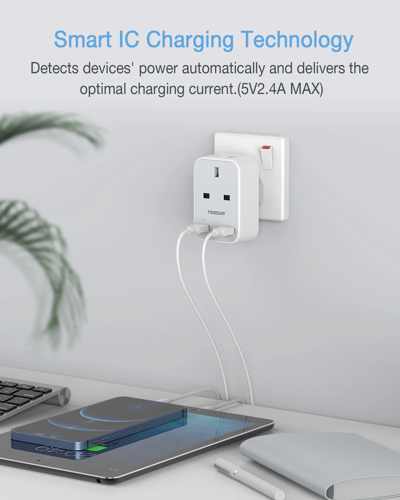 TESSAN 4 in 1 2 Gangs Outlet Wall Socket Multi Plug EU UK Plug + 2 USB A / TS263