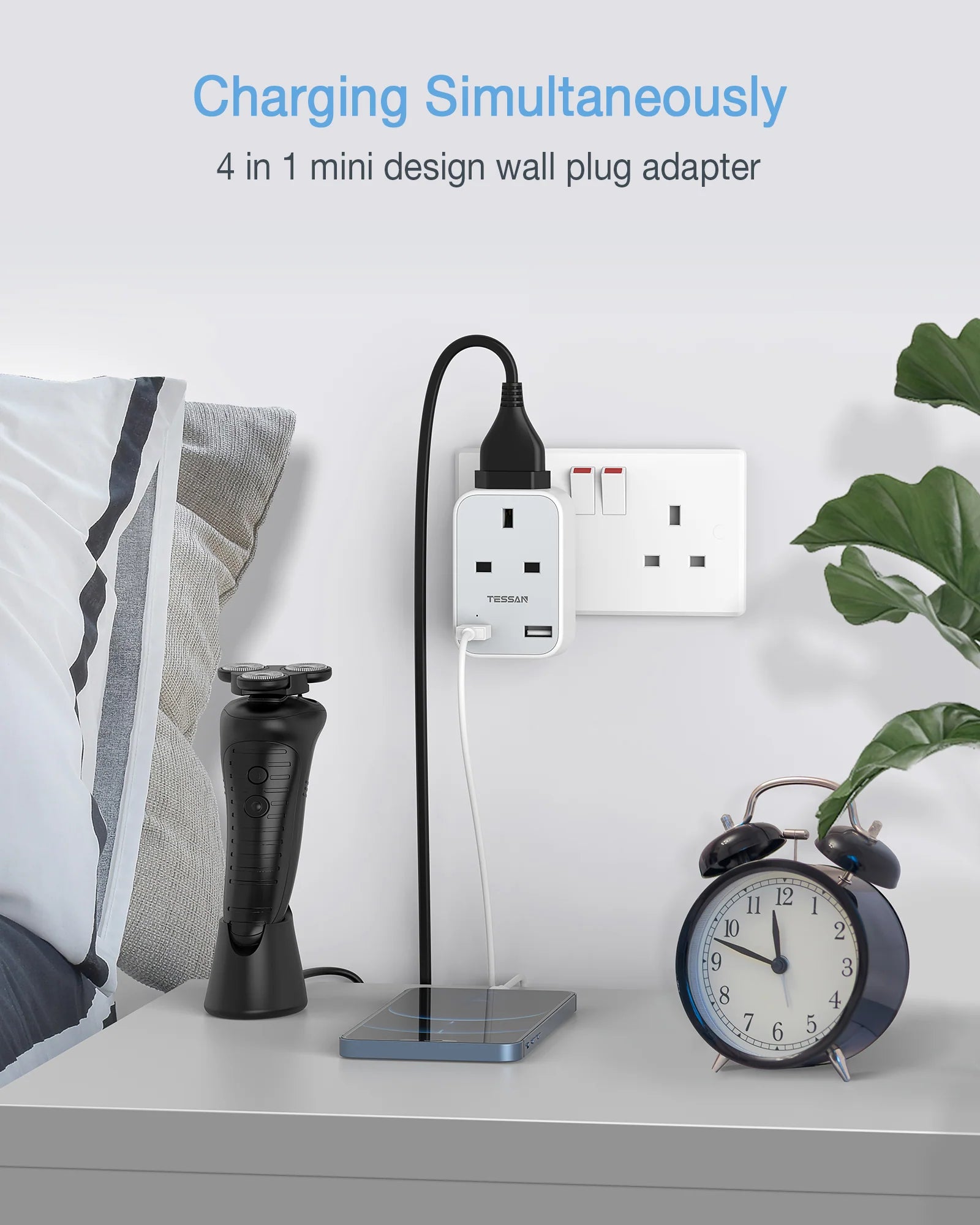 TESSAN 4 in 1 2 Gangs Outlet Wall Socket Multi Plug EU UK Plug + 2 USB A / TS263