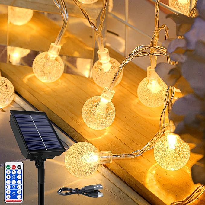 Outdoor Solar Powered 10 Meters 100 Crystal Ball Led Fairy String Lights , Warm