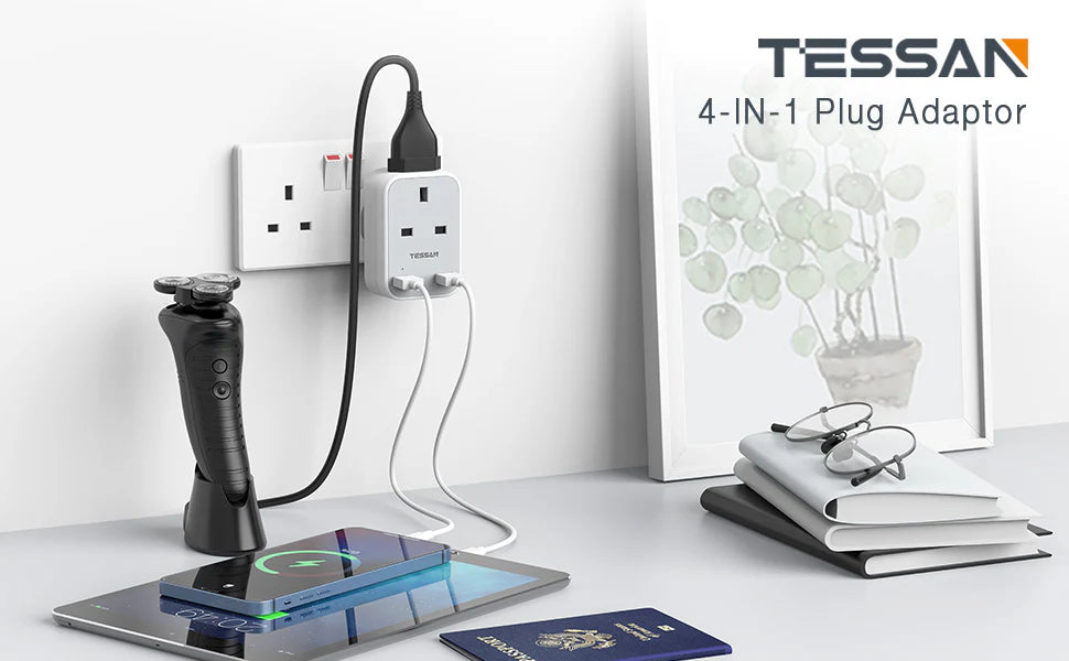 TESSAN 4 in 1 2 Gangs Outlet Wall Socket Multi Plug EU UK Plug + 2 USB A / TS263