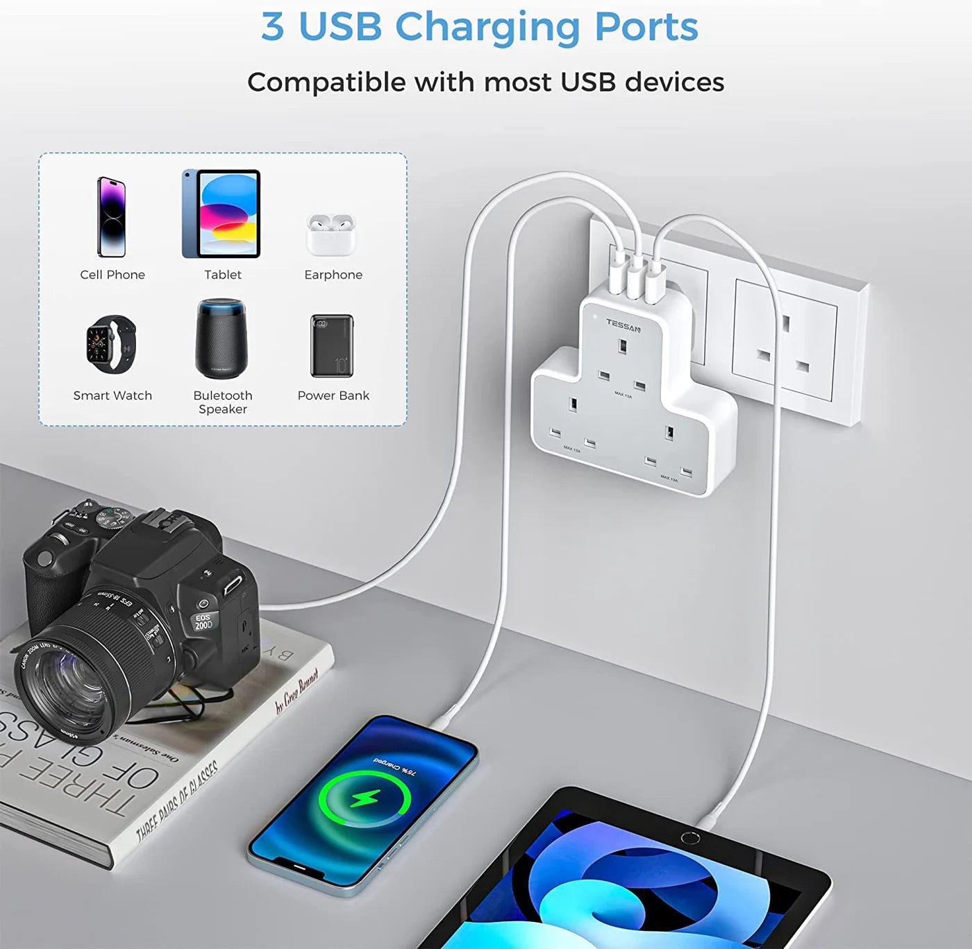 Pre-Order TESSAN 6 in 1 Portable Sockets with 3AC + 3 USB A Ports / TS226