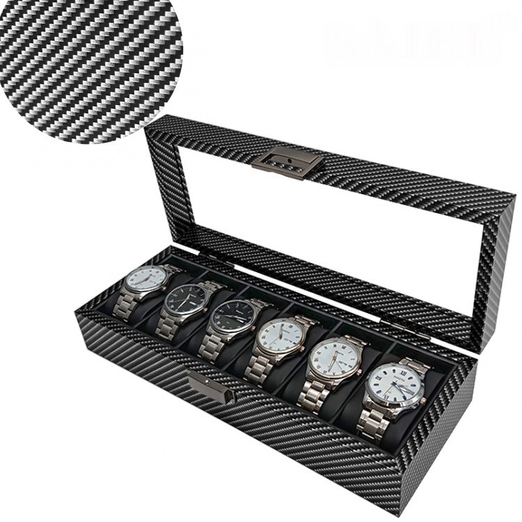 6 Slots Carbon Print Wood Inner Black Watch Box