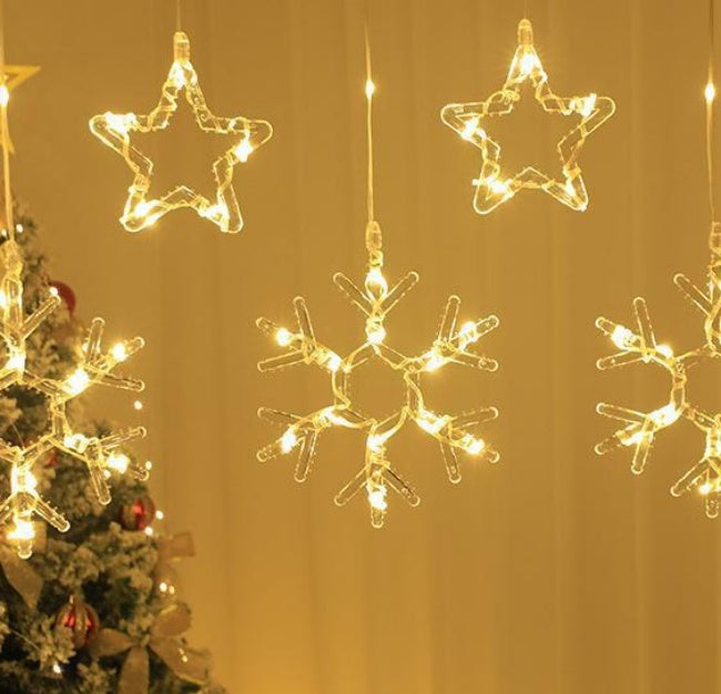 USB 3M Width icicle Stars & Snow Flakes Fairy Curtain Lights , Warm