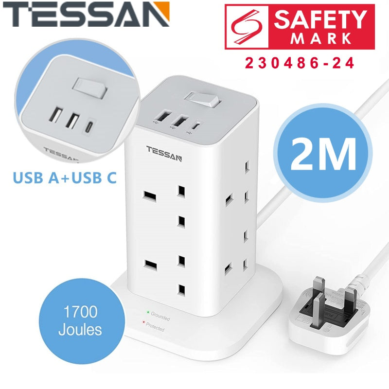 SG Safety Mark - TESSAN Tower Plug with 8 Sockets & USB Port / TPS03UKC