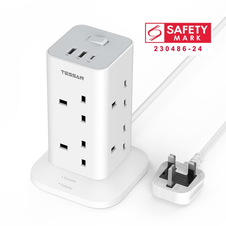 SG Safety Mark - TESSAN Tower Plug with 8 Sockets & USB Port / TPS03UKC