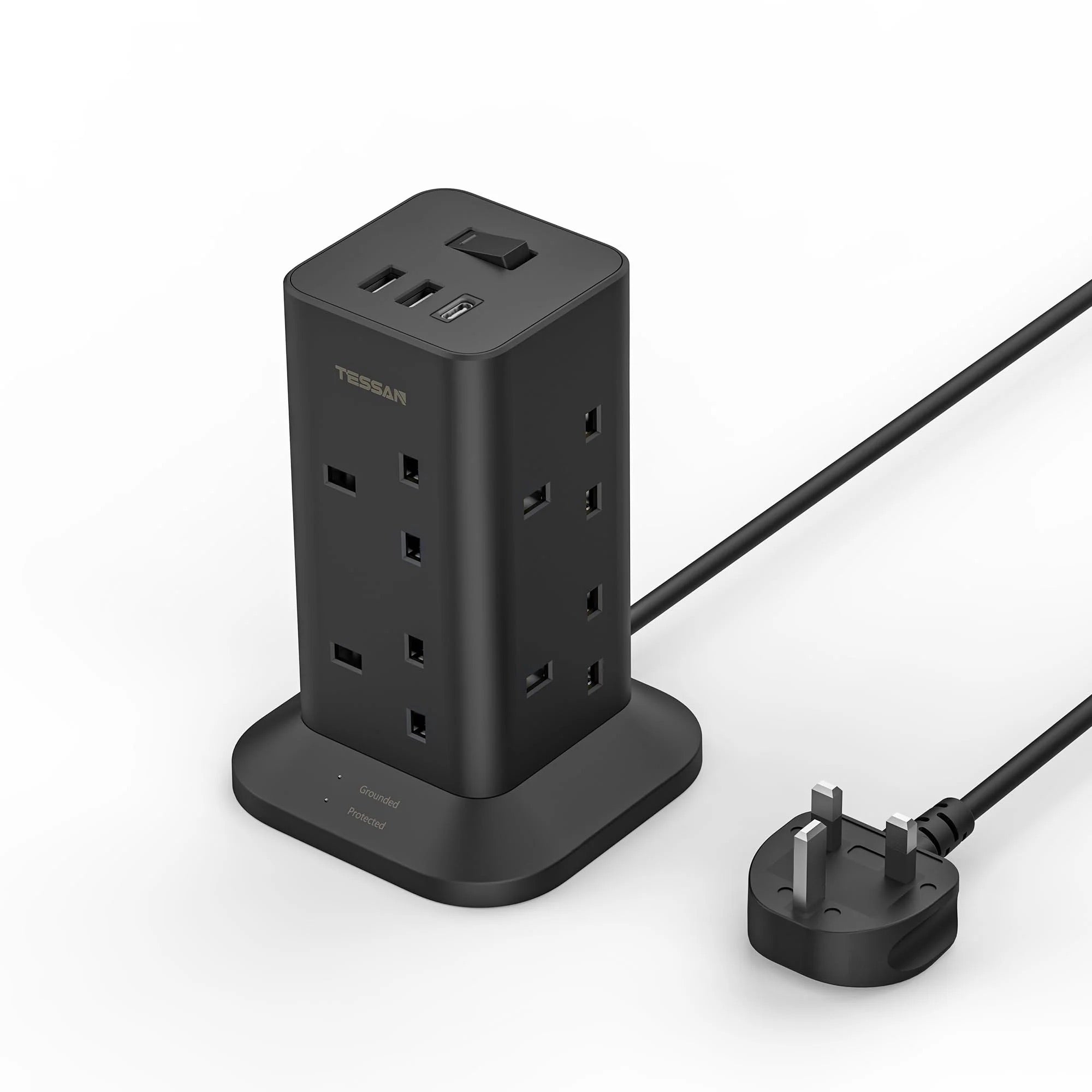 SG Safety Mark - TESSAN Tower Plug Extension with 8 Sockets & 3 USB Port Black