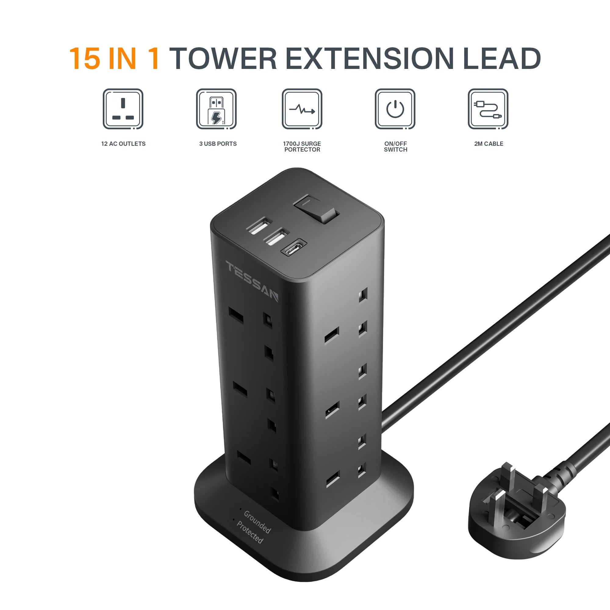 SG Safety Mark - TESSAN Tower Plug Extension with 12 Sockets & 3 USB Port Black / TPS04UKC