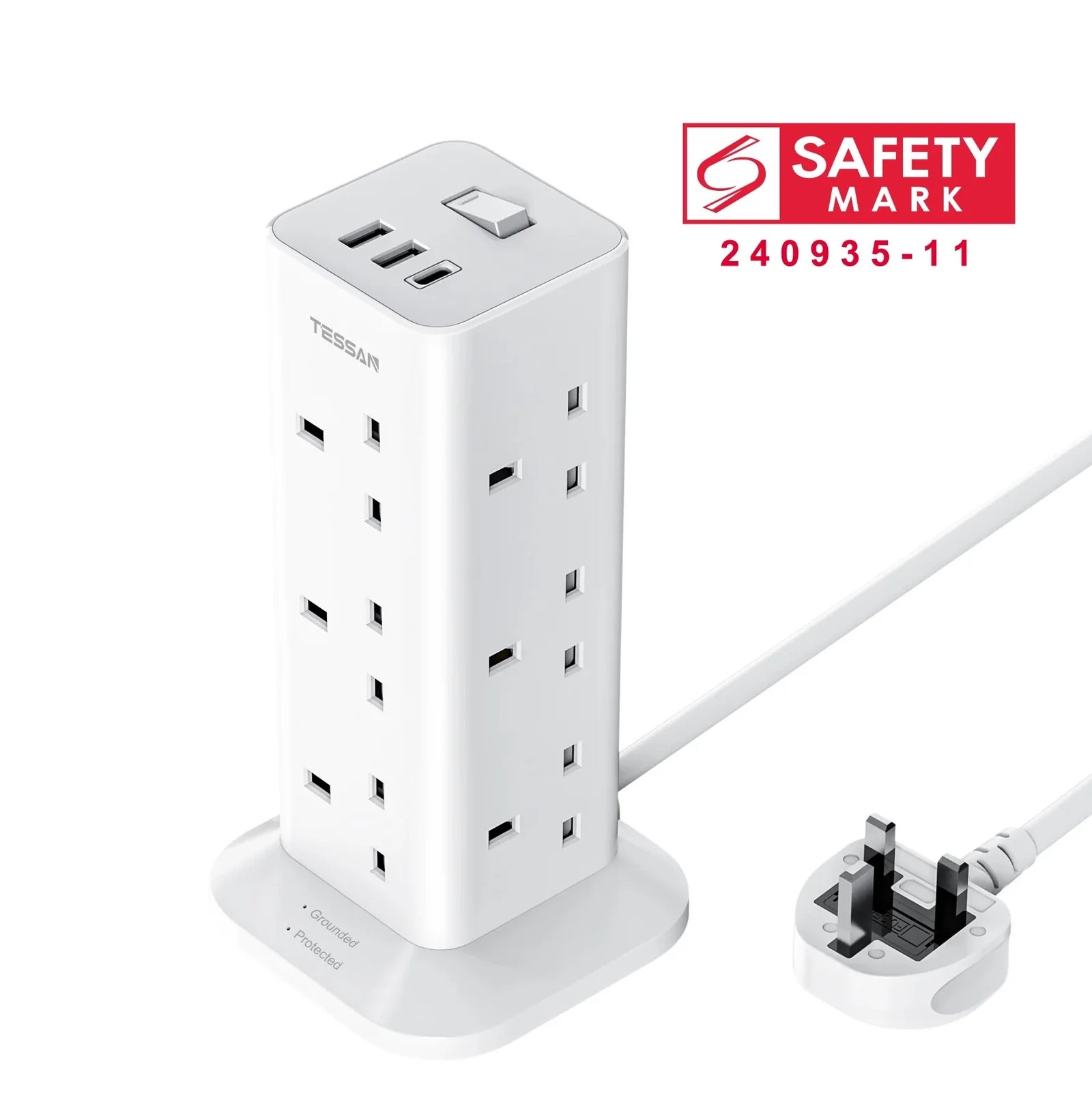 SG Safety Mark - TESSAN Tower Plug Extension with 12 Sockets & 3 USB Port White / TPS04UKC