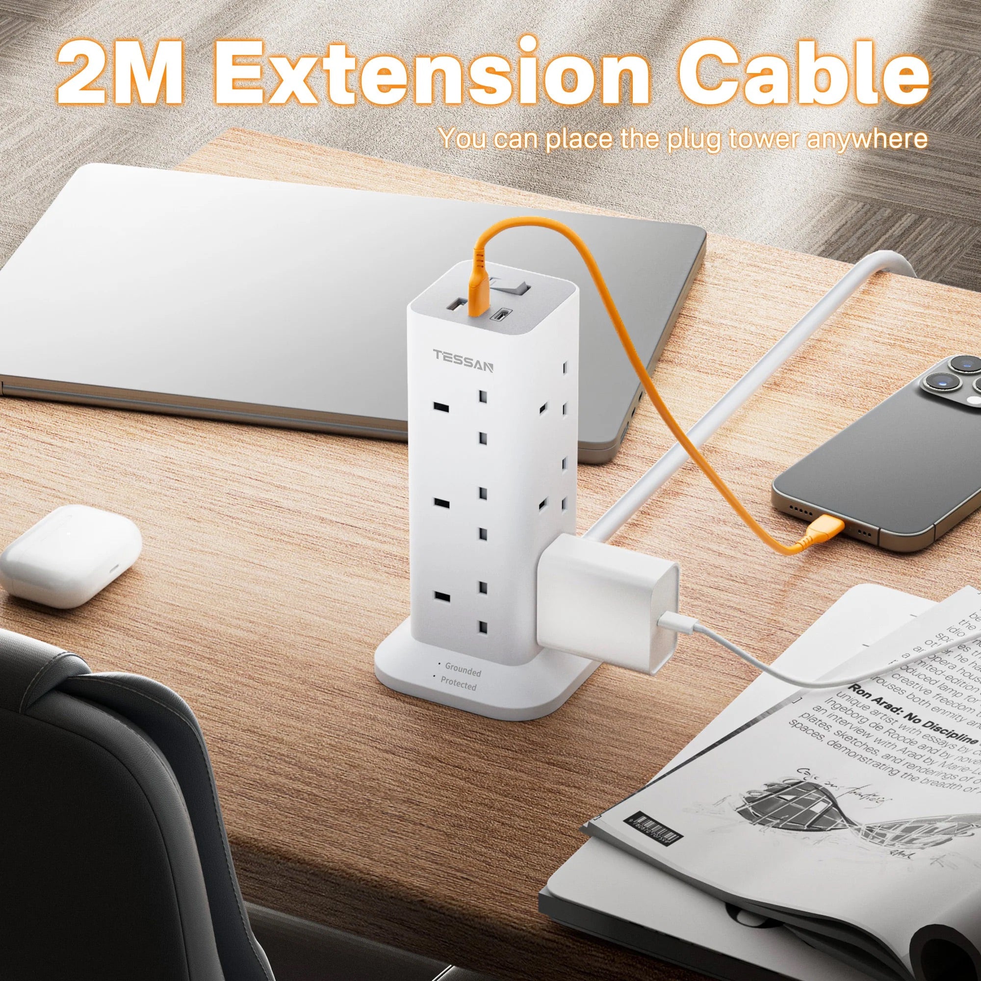 SG Safety Mark - TESSAN Tower Plug Extension with 12 Sockets & 3 USB Port White / TPS04UKC