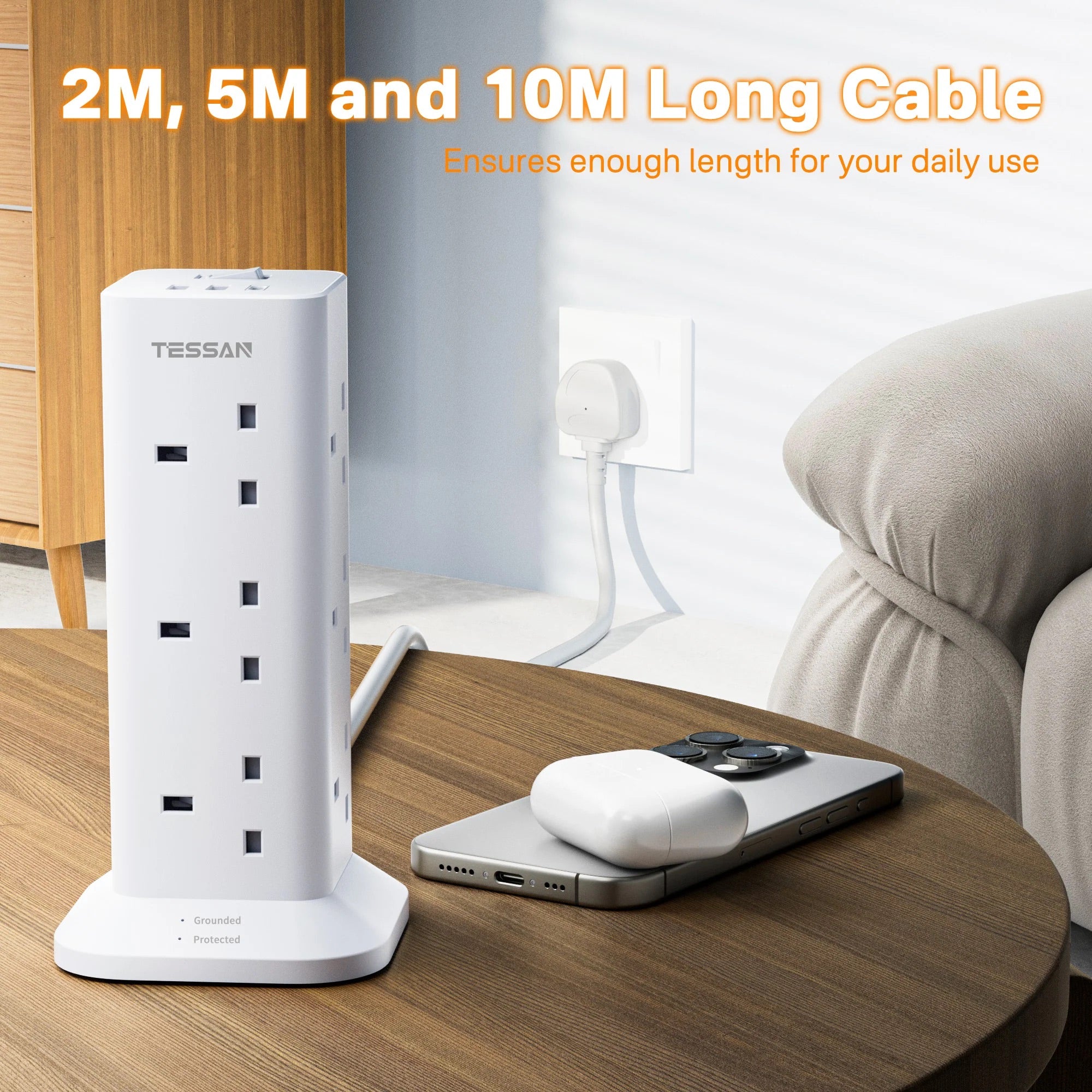 SG Safety Mark - TESSAN Tower Plug Extension with 12 Sockets & 3 USB Port White / TPS04UKC