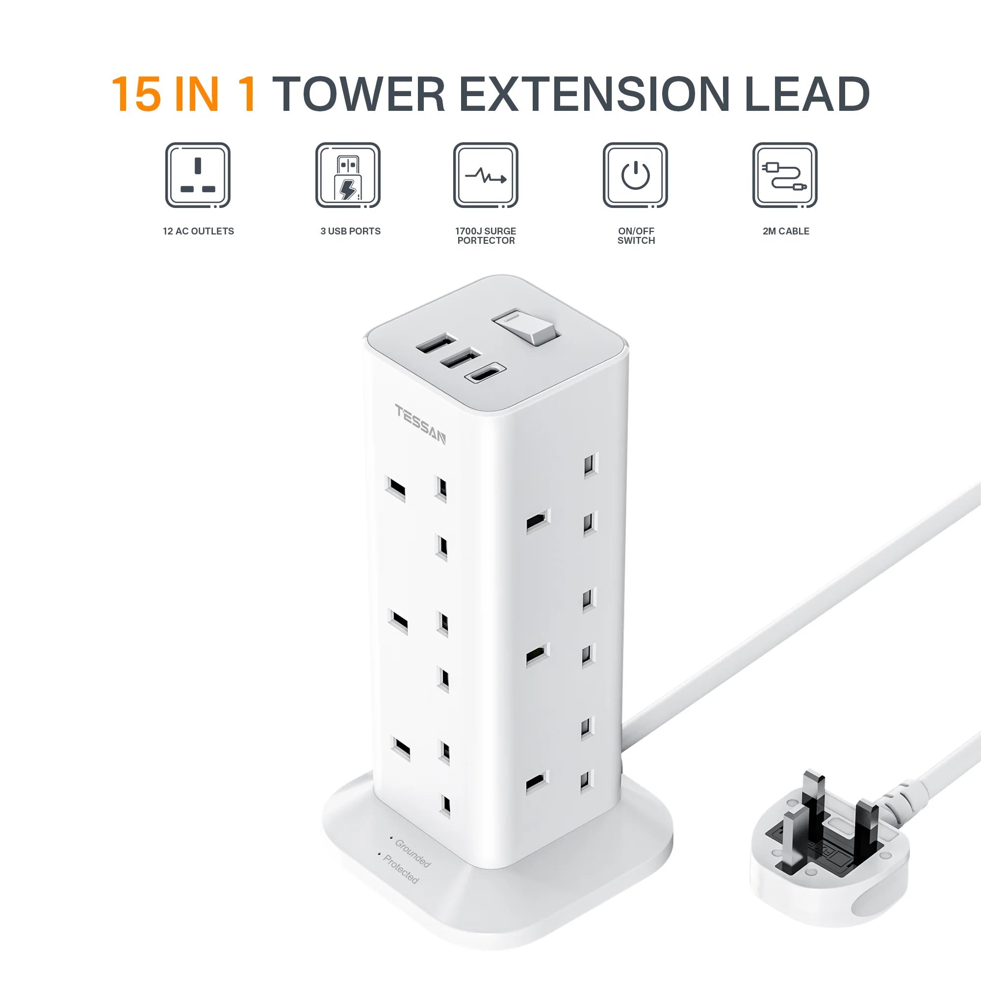 SG Safety Mark - TESSAN Tower Plug Extension with 12 Sockets & 3 USB Port White / TPS04UKC