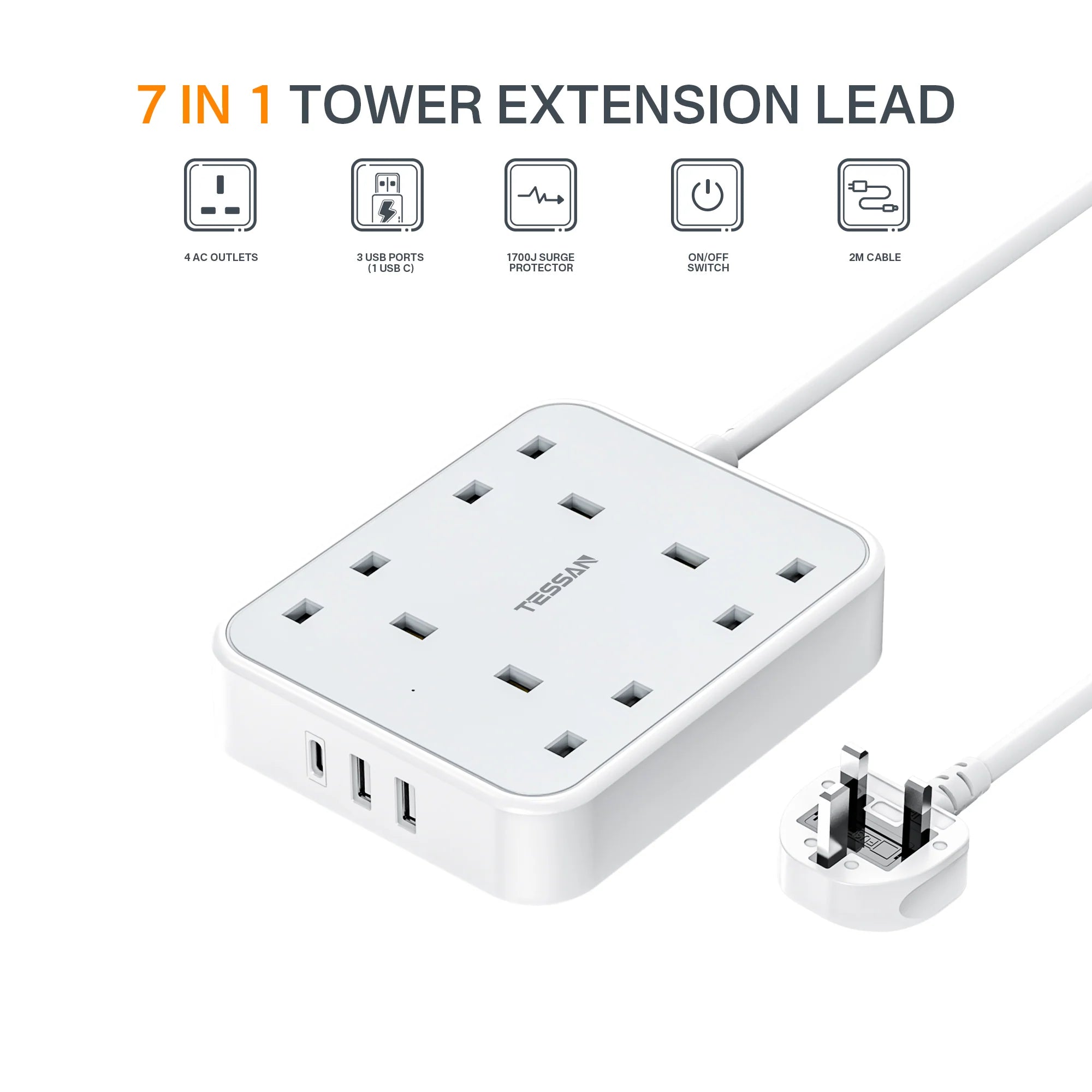 Pre-Order TESSAN 4 Outlets Extension Cord 13A 4 Way Multi Plug Extension Leads with 2M Cable and 4 AC + 2 USB A + 1 USB C / TS202C