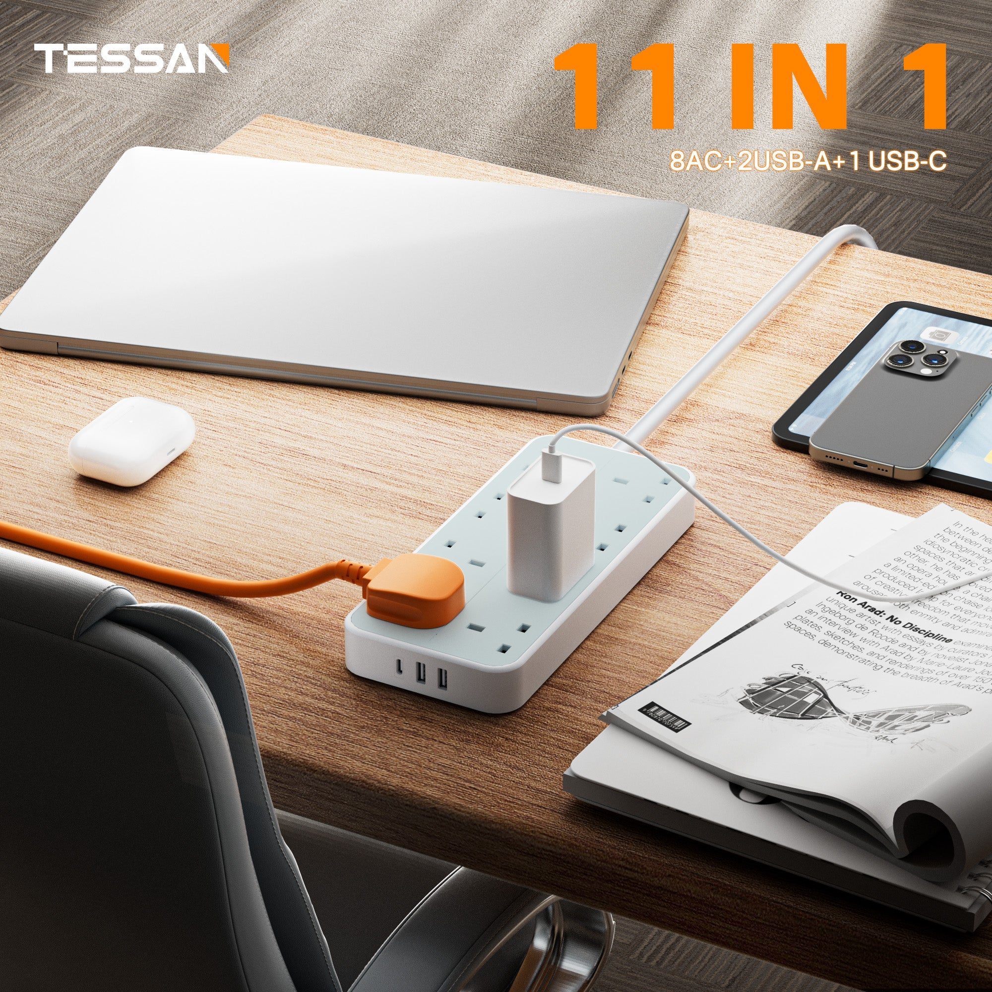 TESSAN - 11 in 1 Outlets Extension Cord 13A Multi Plug with 2M Cable and 8 AC, 2 USB A & 1 USB