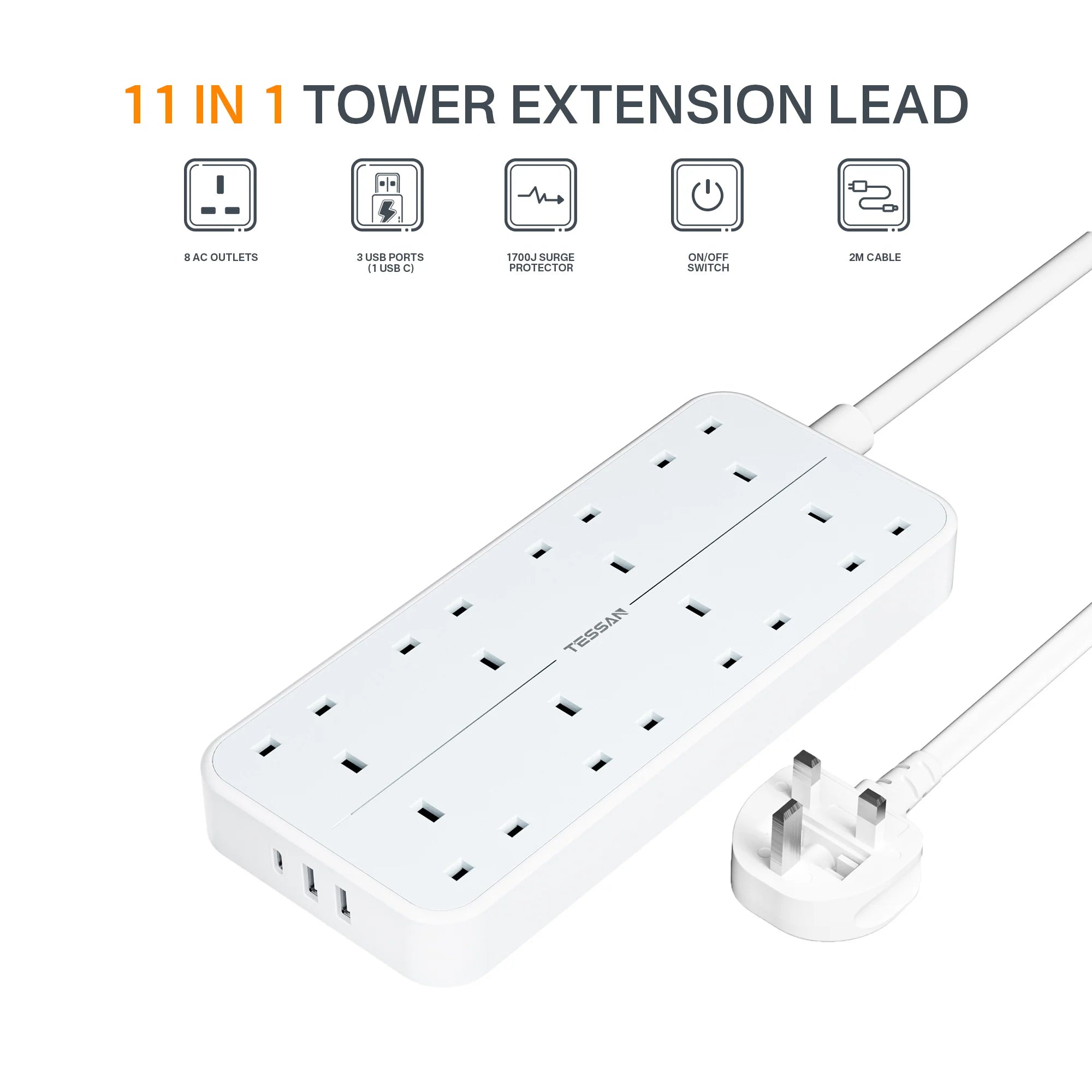 Pre-Order TESSAN 11 in 1 Outlets Extension Cord 13A Multi Plug Extension Leads with 2M Cable and 8 AC + 2 USB A + 1 USB C / TS204C