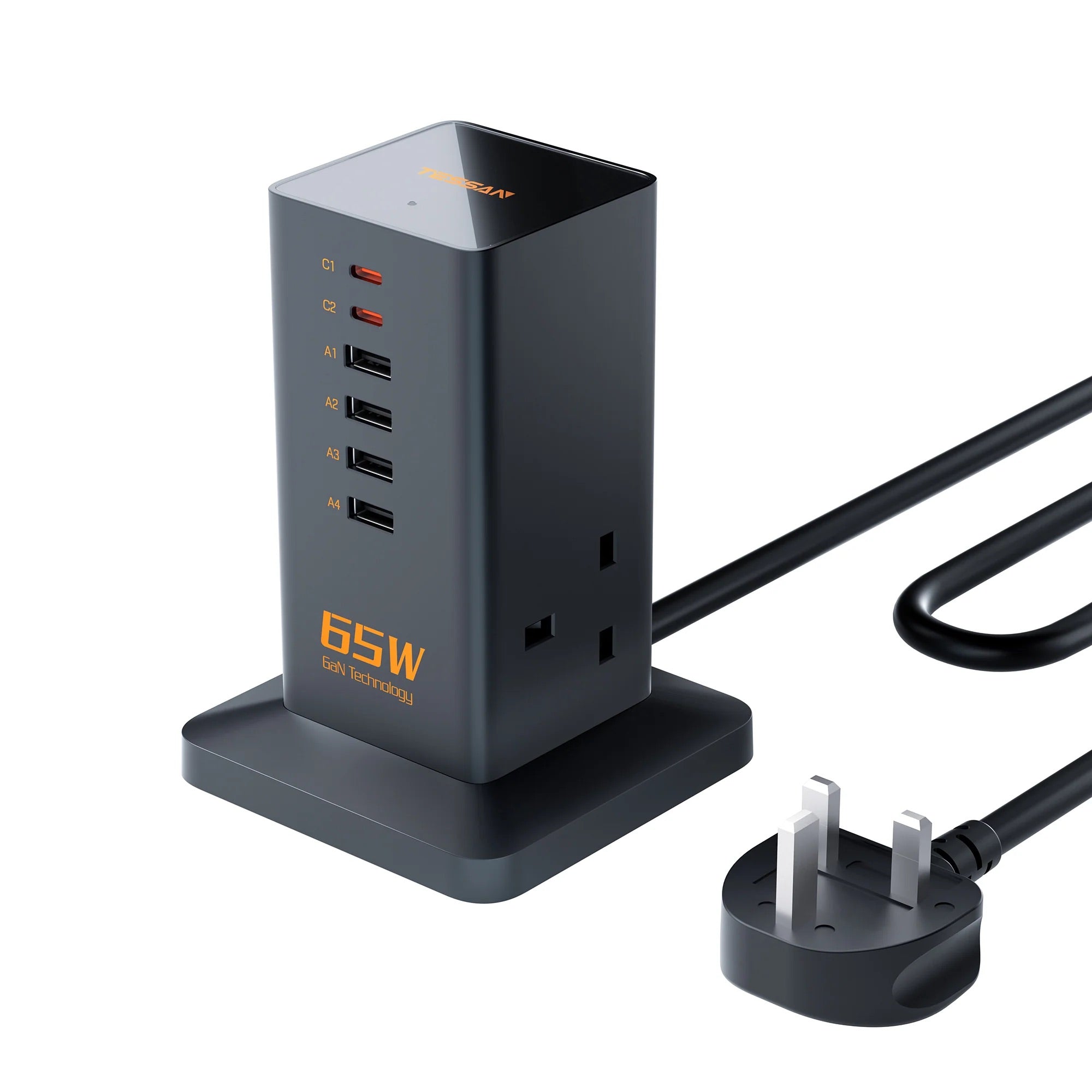 TESSAN Tower Plug Extension 65W GaN charger with 2 Sockets & 6 USB Port Black / TS-FS02UK00