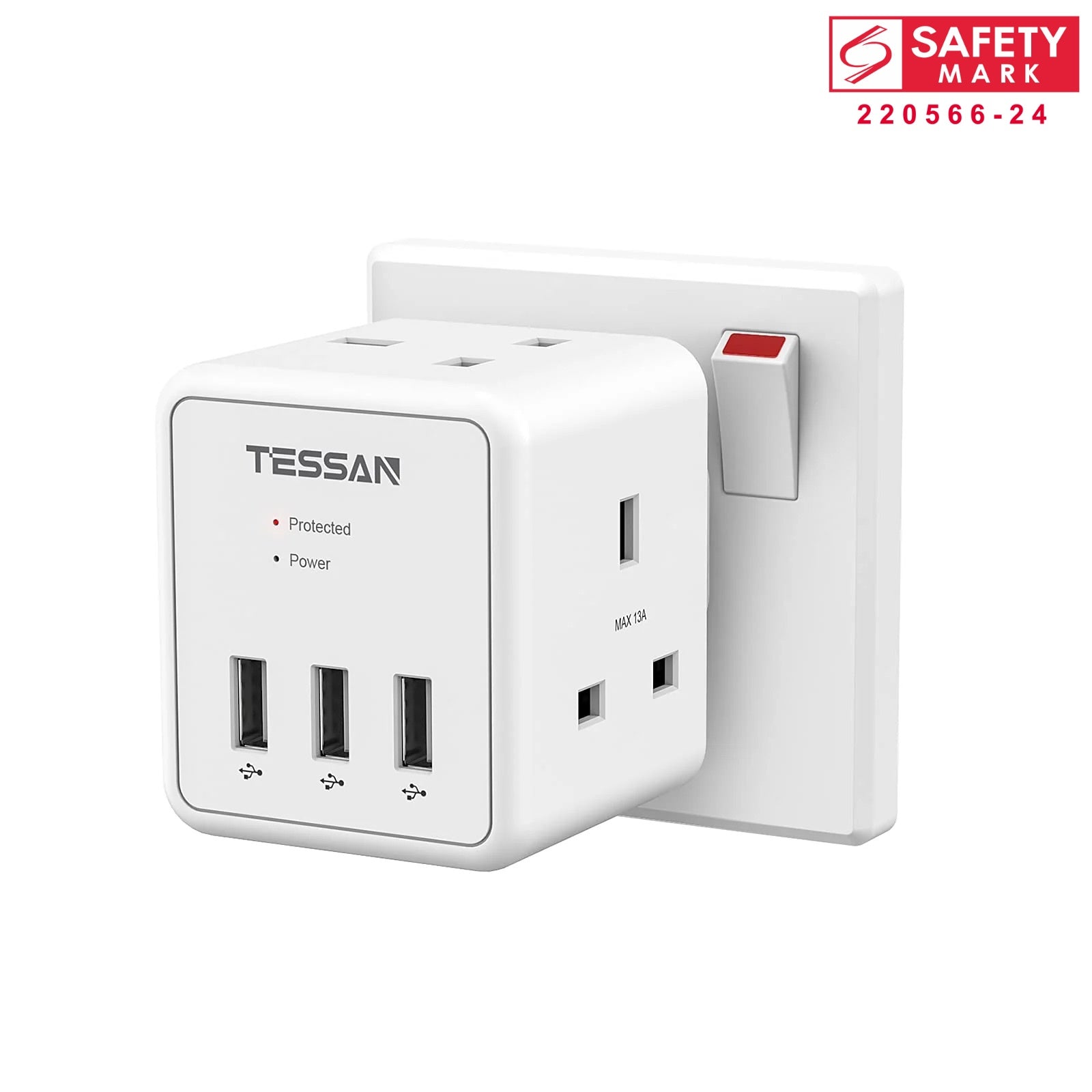 SG Safety Mark TESSAN 5 in 1 Cube Wall Plug Extension 3 AC sockets + 3 USB A Ports / TS224