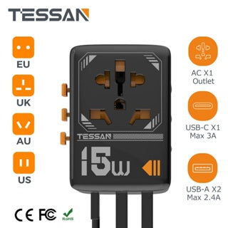 TESSAN International 15W Plug Adaptor with 1 USB C and 2 USB Charging Ports