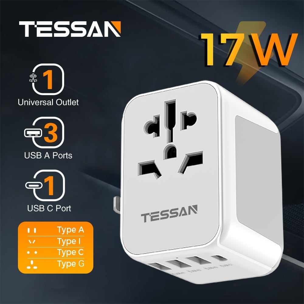 TESSAN Universal Travel Plug 17W, international Power Adapter with 3 USB Port , 1 Type C