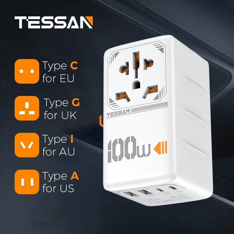 TESSAN International 100W Plug Adaptor with 2 USB C and 2 USB A Charging Ports ,White