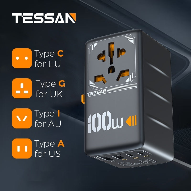 TESSAN International 100W Plug Adaptor with 2 USB C and 2 USB A Charging Ports