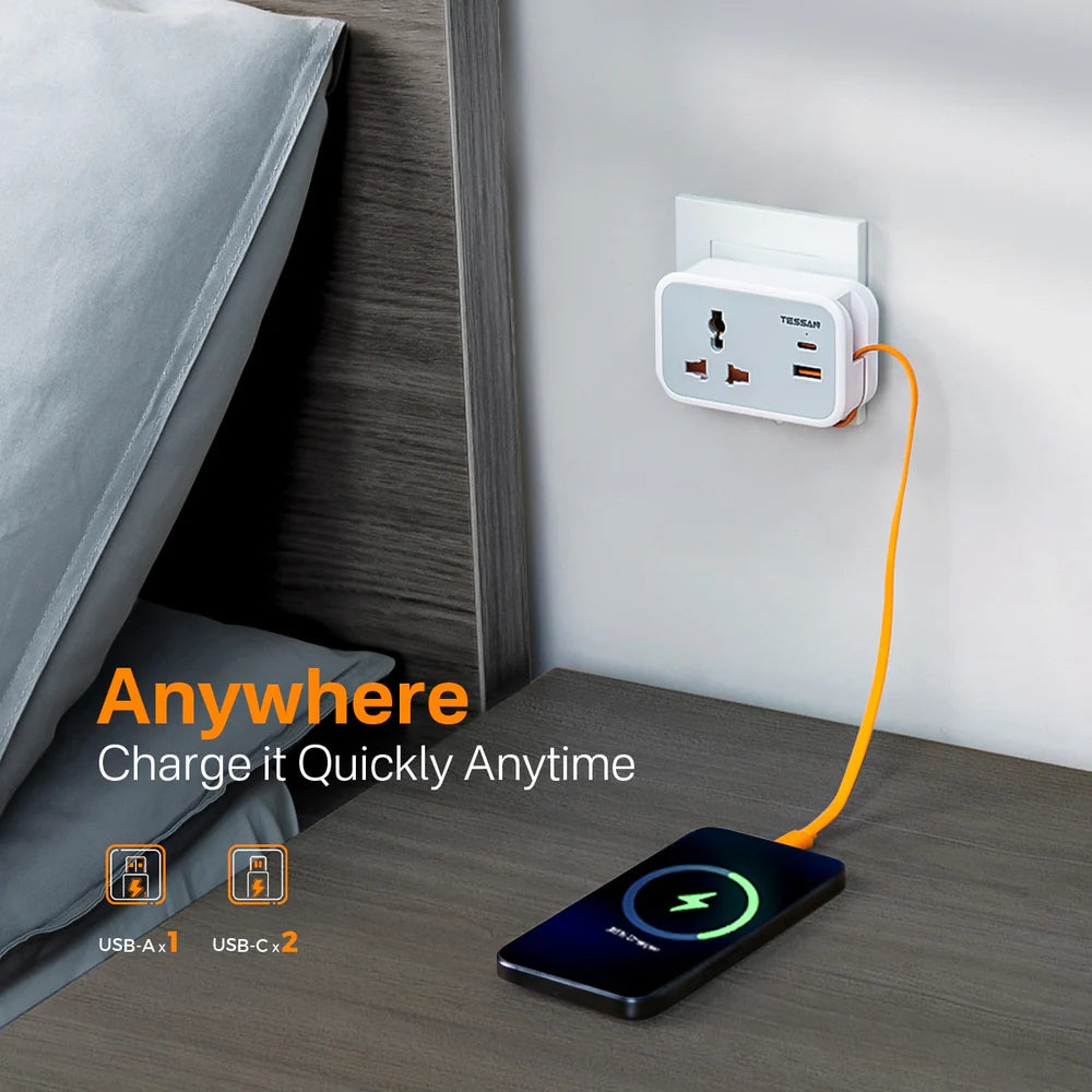 TESSAN - Wall Plug Socket Extender with 30cm USB-C Cable Universal Gang and 2 USB Port / TS-TA01ALUK