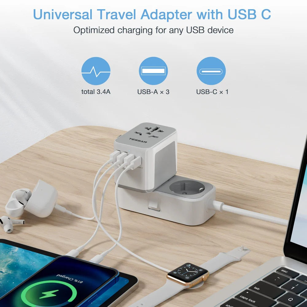 TESSAN Universal Travel Plug 17W, international Power Adapter with 3 USB Port , 1 Type C / 633FC