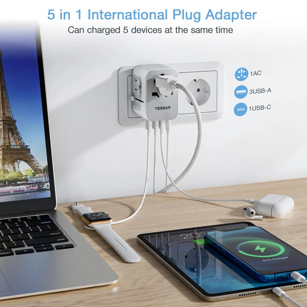 TESSAN Universal Travel Plug 17W, international Power Adapter with 3 USB Port , 1 Type C / 633FC