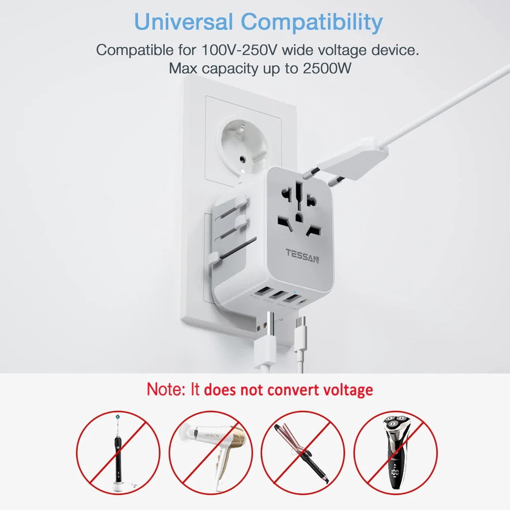 TESSAN Universal Travel Plug 17W, international Power Adapter with 3 USB Port , 1 Type C / 633FC