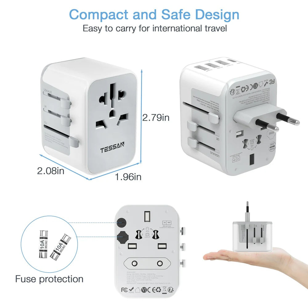 TESSAN Universal Travel Plug 17W, international Power Adapter with 3 USB Port , 1 Type C / 633FC