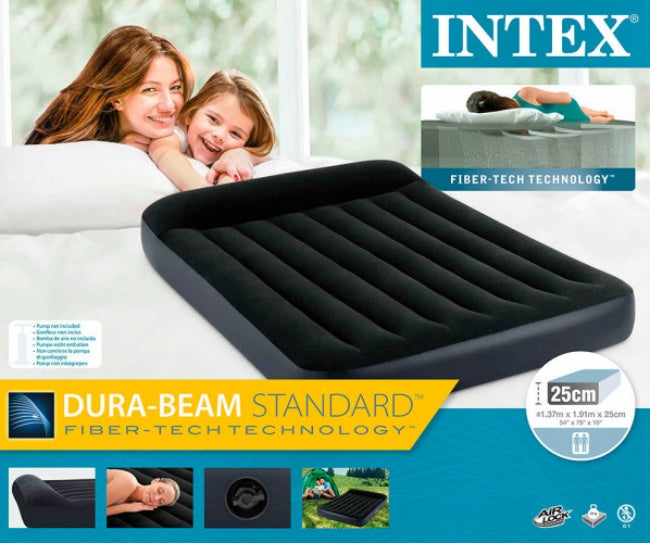 INTEX Fiber Tech Dura Beam Queen Size Black Head Rest Air Bed with Electric Pump