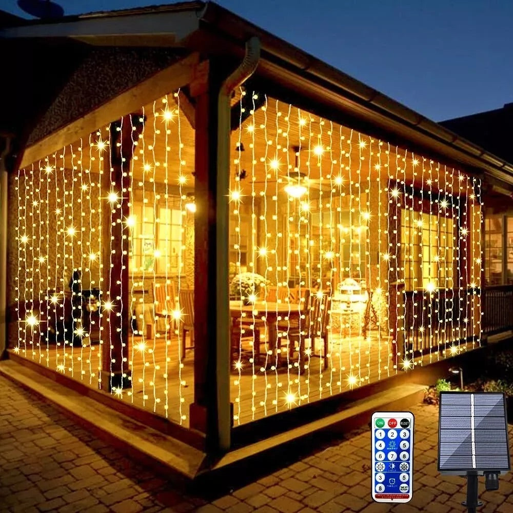 Outdoor Solar Power 3M x 3M Led Fairy Curtain Lights , Warm