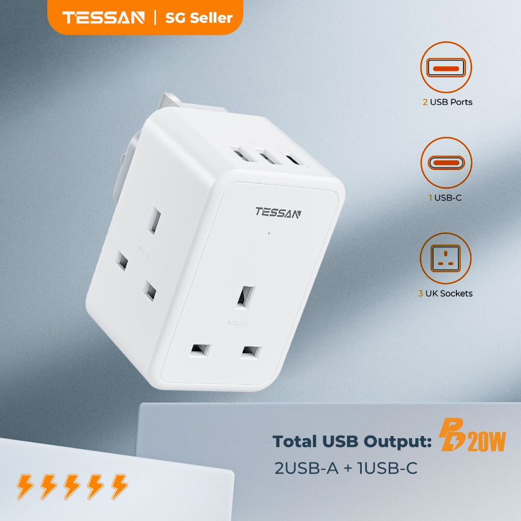 TESSAN - 6 in 1 Wall Socket Multi Plug UK Plug with 3 UK Mains + 2 USB A + 1 USB C / TS-227-PD