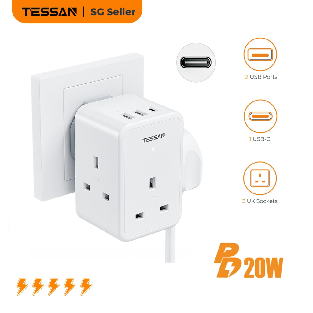 TESSAN - 6 in 1 Wall Socket Multi Plug UK Plug with 3 UK Mains + 2 USB A + 1 USB C / TS-227-PD