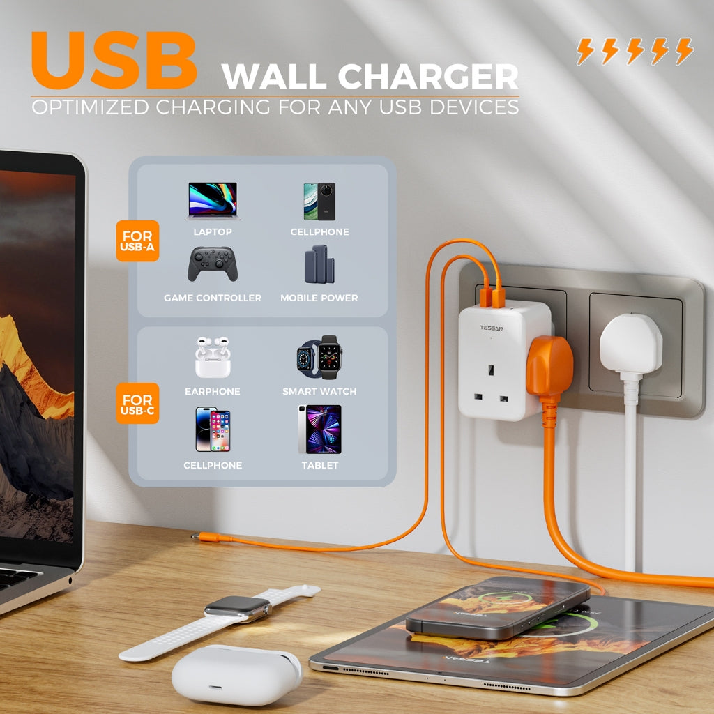 TESSAN - 6 in 1 Wall Socket Multi Plug UK Plug with 3 UK Mains + 2 USB A + 1 USB C / TS-227-PD