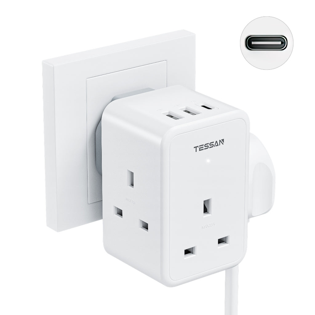 TESSAN - 6 in 1 Wall Socket Multi Plug UK Plug with 3 UK Mains + 2 USB A + 1 USB C / TS-227-PD