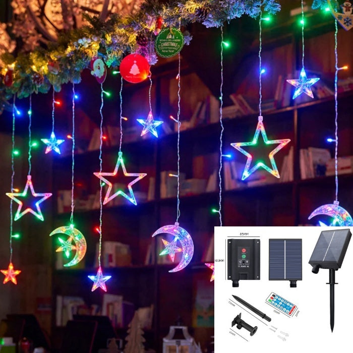 Outdoor Solar Powered 2.5M Width Stars Moon Crescent icicle Led Fairy Curtain Light , Multi